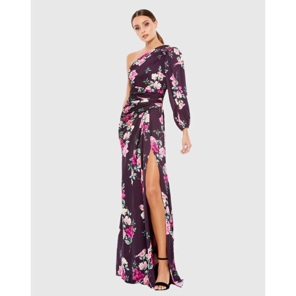 Mac Duggal NWOT Plum Floral Print One Sleeve Gown Size S